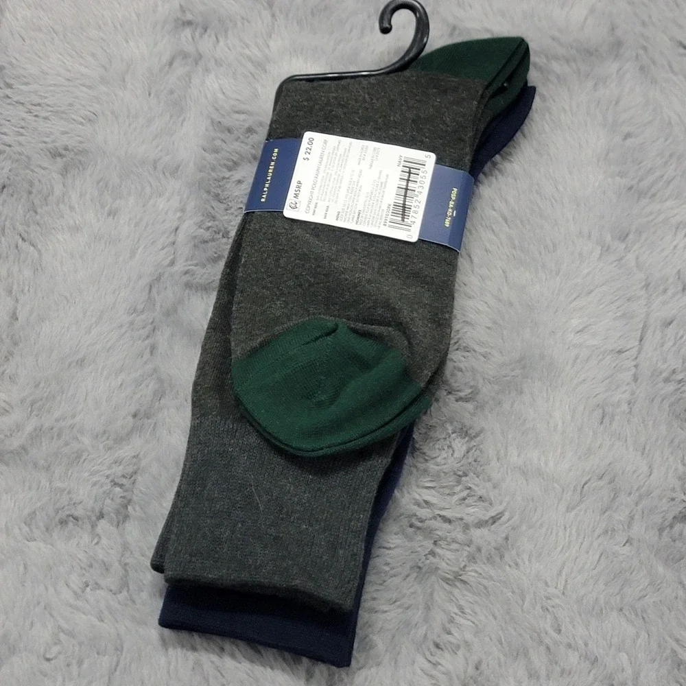 Polo Ralph Lauren Socks Mens 10-13 Navy Hunter Dog Crew 2 Pairs Mid Calf